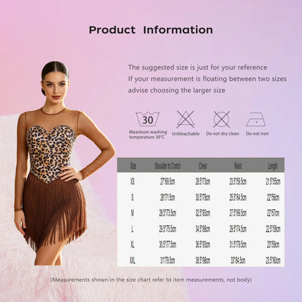 Leopard Rhinestone Fringe Latin Dance Bodysuit Mesh Long Sleeve Stage Performance Dress