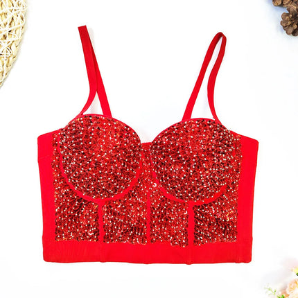 Gold Beaded Sequin Embroidery Bustier Corset Crop Top Party Bralette
