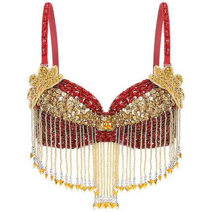 Sparkly Floral Beaded Sequin Belly Dance Bra & Tassel Performance Top