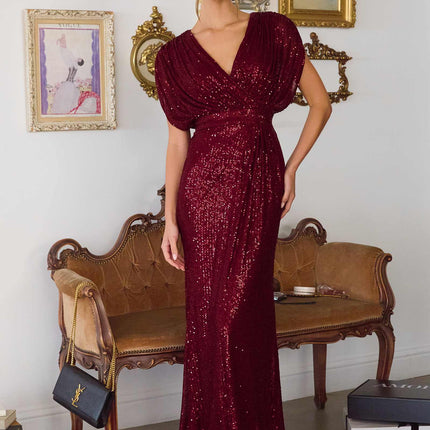 Amoris T101 Greek Style Long Sequin V-Neckline Gown
