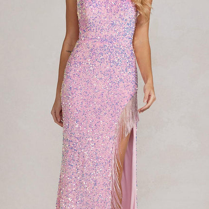 Nox Anabel T1209 Long Formal Sequin Gown with Fringe Leg Slit