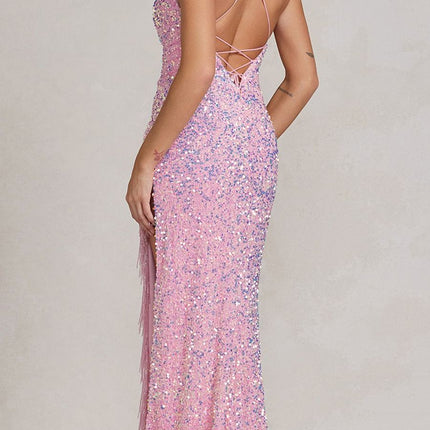 Nox Anabel T1209 Long Formal Sequin Gown with Fringe Leg Slit