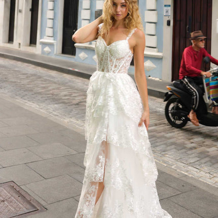 Nox Anabel T1335 Long A-Line Tiered Skirt Lace Applique Sweetheart Dress