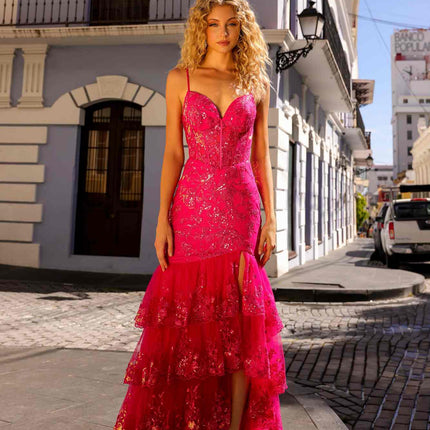 Nox Anabel T1337 Long Tiered Skirt Fitted Sequin Applique Mermaid Gown