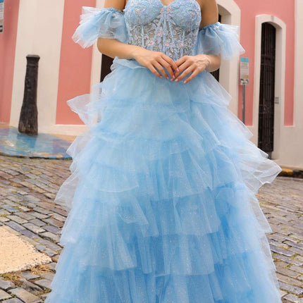 Nox Anabel T1338 Long Ruffled Tiered Skirt A-Line Ball Gown Arm Cuffs