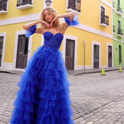 Nox Anabel T1338 Long Ruffled Tiered Skirt A-Line Ball Gown Arm Cuffs