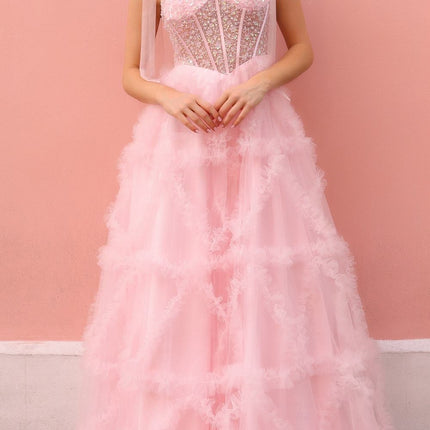 Nox Anabel T1340 Long Ruffled Skirt Boned Bustier Ribbon Strap A-Line Gown
