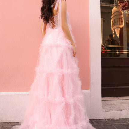 Nox Anabel T1340 Long Ruffled Skirt Boned Bustier Ribbon Strap A-Line Gown
