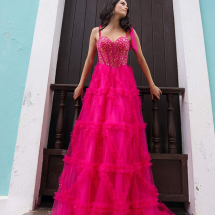 Nox Anabel T1340 Long Ruffled Skirt Boned Bustier Ribbon Strap A-Line Gown