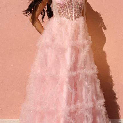 Nox Anabel T1340 Long Ruffled Skirt Boned Bustier Ribbon Strap A-Line Gown