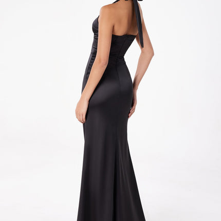 Astee T2001 Fitted Long V-Neckline Halter Top Evening Gown