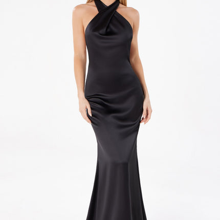 Astee T2005 Fitted Sleek Twisted Halter Top Satin Mermaid Gown