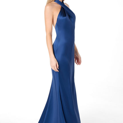 Astee T2005 Fitted Sleek Twisted Halter Top Satin Mermaid Gown