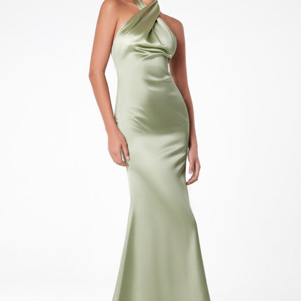 Astee T2005 Fitted Sleek Twisted Halter Top Satin Mermaid Gown