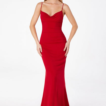 Astee T2008 Fitted Spaghetti Strap Open Back with Lace Detail Gown