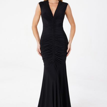 Astee T2009 Long V-Neckline Ruched Mermaid Gown