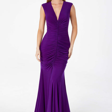 Astee T2009 Long V-Neckline Ruched Mermaid Gown
