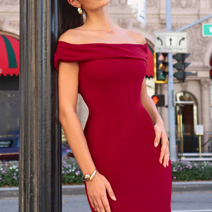 Astee T2011 Off the Shoulder Fitted Evening Gown Back Slit
