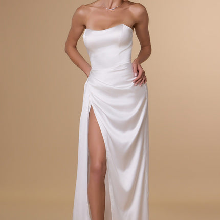 Amoris T215W Fitted Strapless Luxurious Satin Side Sash Wedding Dress