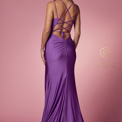 Nox Anabel T481 Long Scoop Neck Spaghetti Strap Fitted Gown Slit