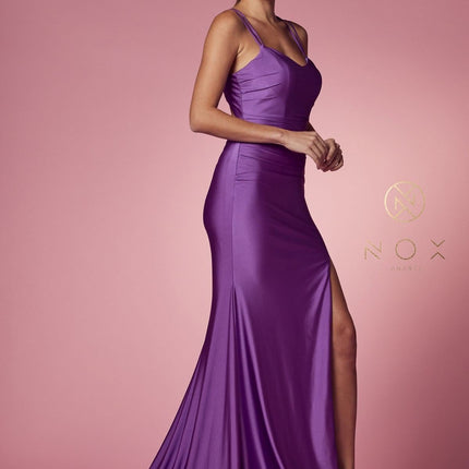 Nox Anabel T481 Long Scoop Neck Spaghetti Strap Fitted Gown Slit