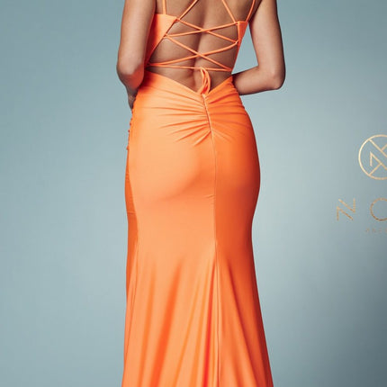 Nox Anabel T481 Long Scoop Neck Spaghetti Strap Fitted Gown Slit