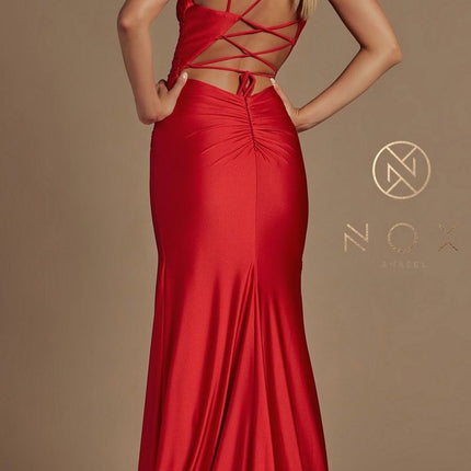 Nox Anabel T481 Long Scoop Neck Spaghetti Strap Fitted Gown Slit