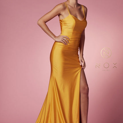 Nox Anabel T481 Long Scoop Neck Spaghetti Strap Fitted Gown Slit