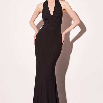 Astee T501 Long Halter V-Neckline Fitted Open Back Evening Gown