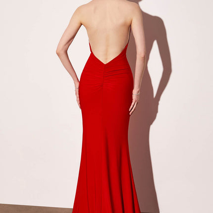 Astee T501 Long Halter V-Neckline Fitted Open Back Evening Gown