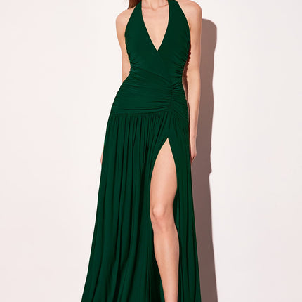 Astee T502 Halter Top V-Neckline Evening Gown with Leg Slit