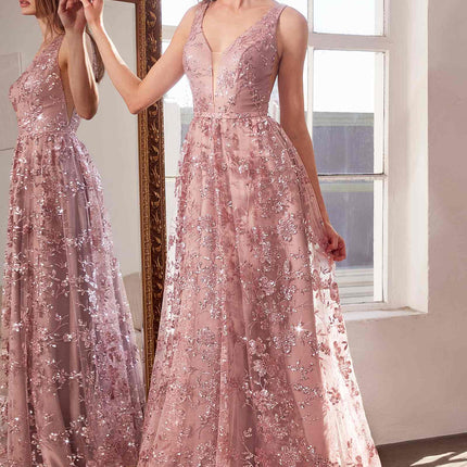 Ladivine Amoris T606 Long Sleeveless Glitter Print A-Line Gown