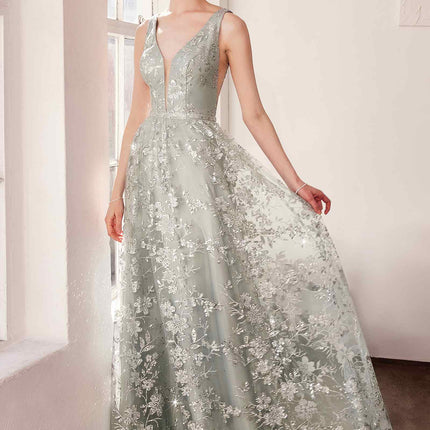 Ladivine Amoris T606 Long Sleeveless Glitter Print A-Line Gown