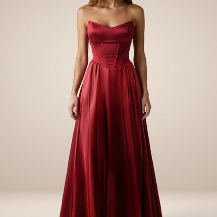 Amoris T612 Long A-Line Strapless Satin Semi-Formal Gown