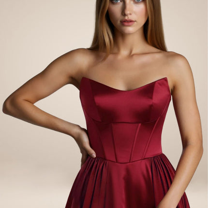 Amoris T612 Long A-Line Strapless Satin Semi-Formal Gown
