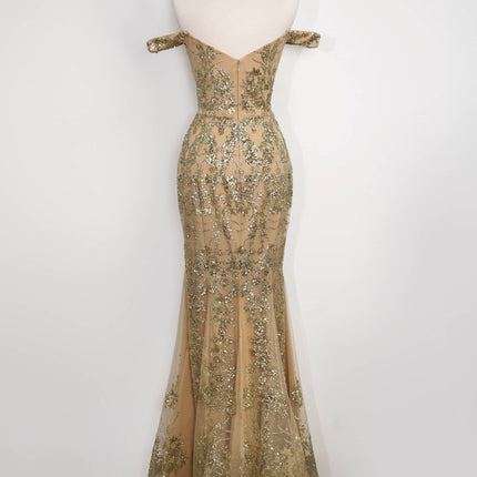 Amoris T613 Fitted Off the Shoulder Sequin Lace Sweep Train Gown