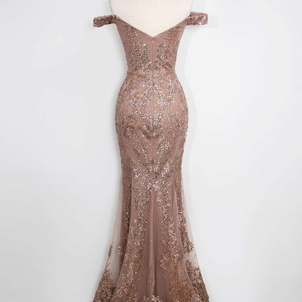 Amoris T613 Fitted Off the Shoulder Sequin Lace Sweep Train Gown