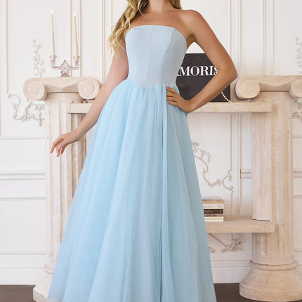 Amoris T712 Strapless Crepe Bodice A-Line Gown Layered Tulle Skirt