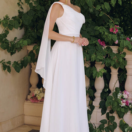 Amoris T716W One Shoulder Chiffon A-Line Off White Evening Dress