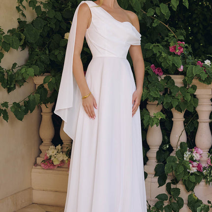 Amoris T716W One Shoulder Chiffon A-Line Off White Evening Dress