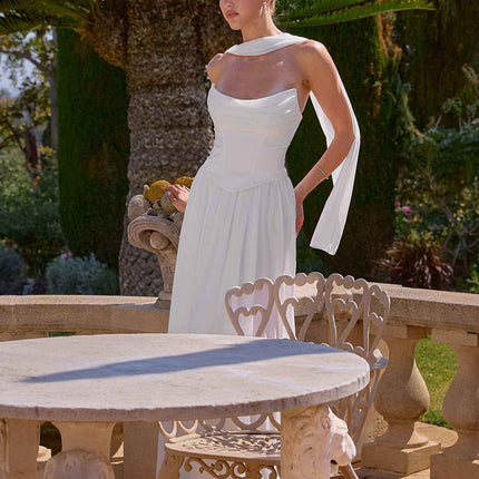 Amoris T741W Flowing A-Line Strapless Chiffon Off White Evening Gown