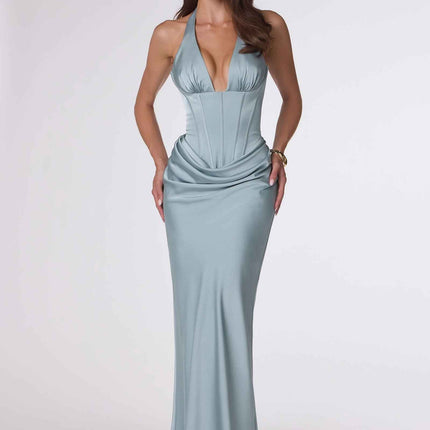 Amoris T743 Fitted Floor Length Satin Gown Plunging Neckline