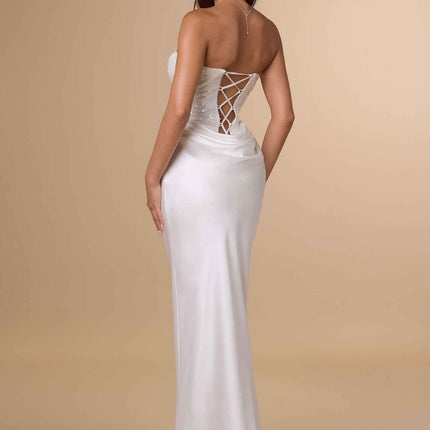 Amoris T744W Strapless Sequin Bodice Satin Skirt Off White Formal Dress
