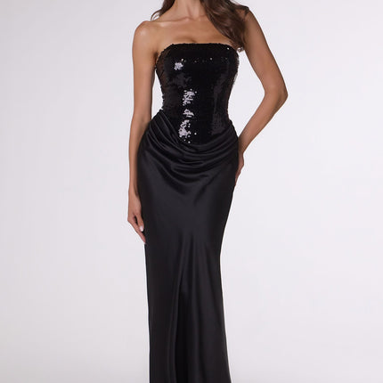Amoris T744 Strapless Sequin Bodice Satin Skirt Formal Dress