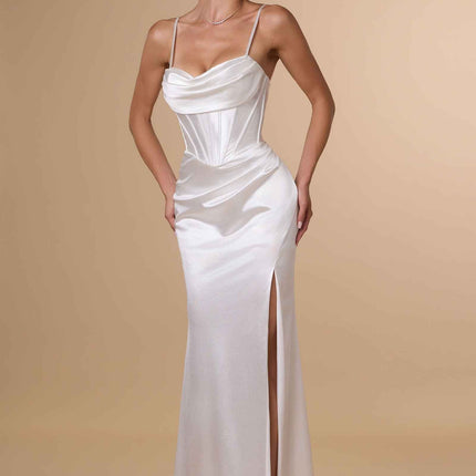 Amoris T815W Fitted Sultry Stretch Satin Bustier Bodice Off White Dress