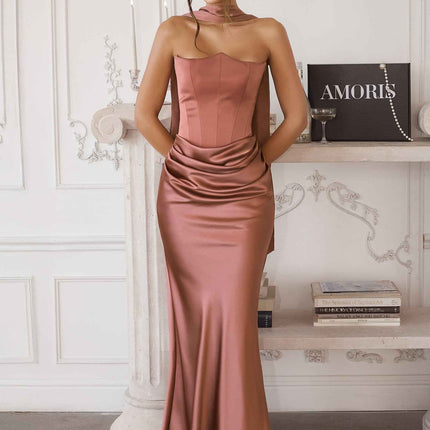 Amoris T816 Matte Satin Bodice Detachable Scarf Column Dress