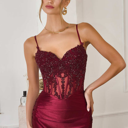 CLEARANCE - Amoris T819 Sleek Fitted Stretch Satin Burgundy Mermaid Gown (Size XS)