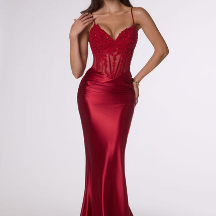 Amoris T819 Sleek Fitted Stretch Satin Sheer Corset Mermaid Gown