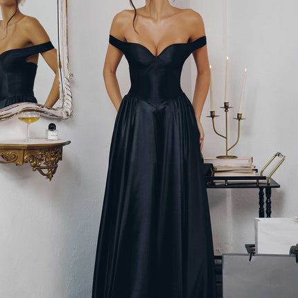 Amoris T821 Off Shoulder Sweetheart Neck Satin A-Line Dress