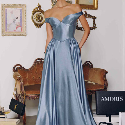Amoris T821 Off Shoulder Sweetheart Neck Satin A-Line Dress